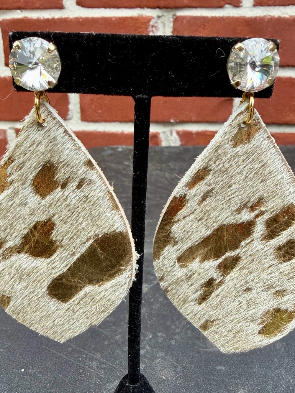 Source Unknown Cream w/Gold acid wash Cowhide Teardrop Earrings